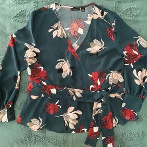 Anthropology Halogen faux-wrap long-sleeve top, Teal floral, Size large EUC ✨